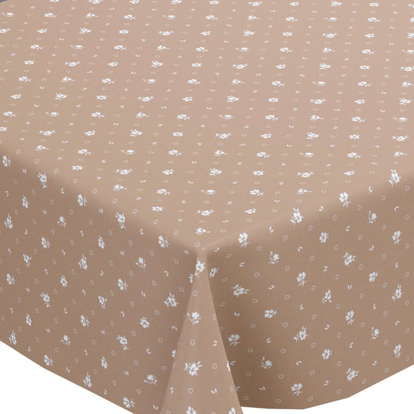 Dainty White Flower on Taupe Vinyl Oilcloth Tablecloth