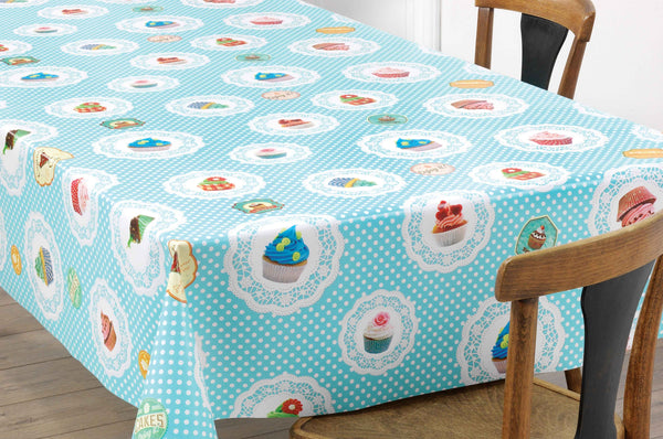 Cupcakes Bright Blue Dotty Vinyl Oilcloth Tablecloth