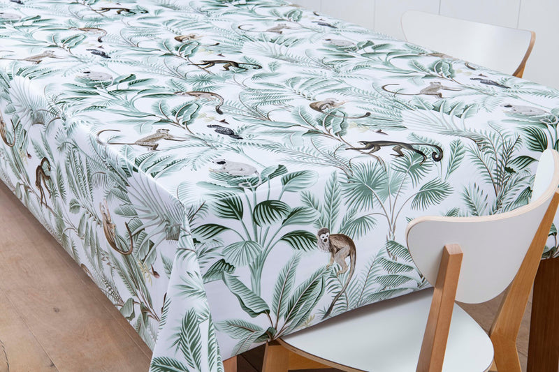 Tropical Monkey Jungle White Vinyl Oilcloth Tablecloth