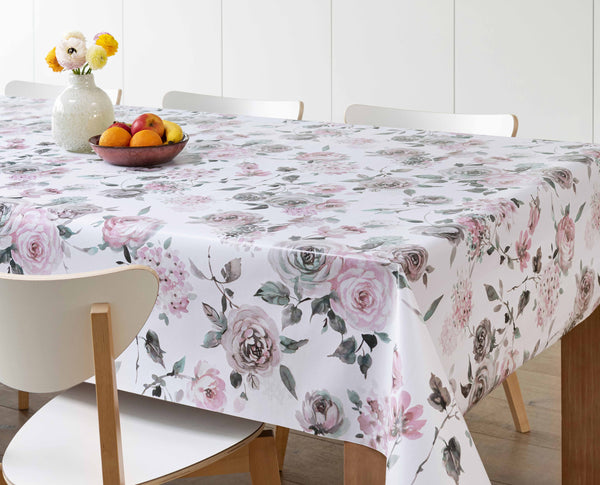 Grey and Pink Roses Vinyl Oilcloth Tablecloth