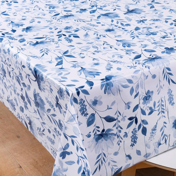 Grace Flowers Blue Vinyl Oilcloth Tablecloth