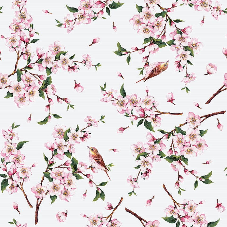 Birds and Cherry Blossom Pink Vinyl Oilcloth Tablecloth - Wipe Clean
