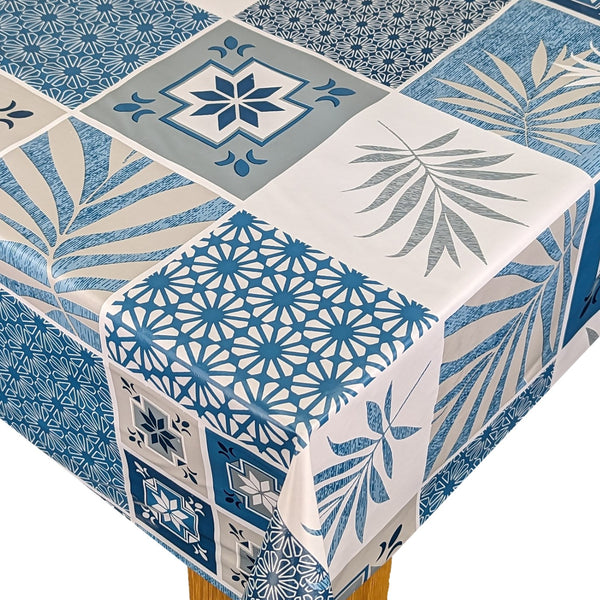 Leafy Geometric Tiles Blue Grey Vinyl Oilcloth Tablecloth