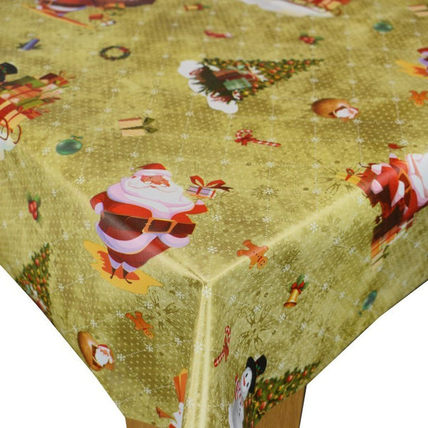 Santa Snowman Gold PVC Vinyl Tablecloth 20 Metres x 140cm