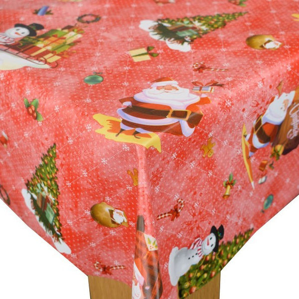 Santa Snowman Red PVC Vinyl Tablecloth 20 Metres x 140cm