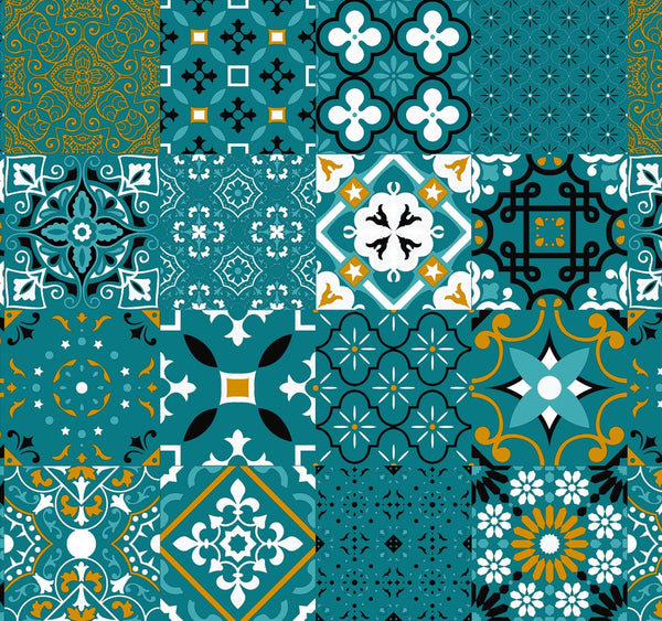 Spanish Tiles Teal Azul Vinyl Oilcloth Tablecloth