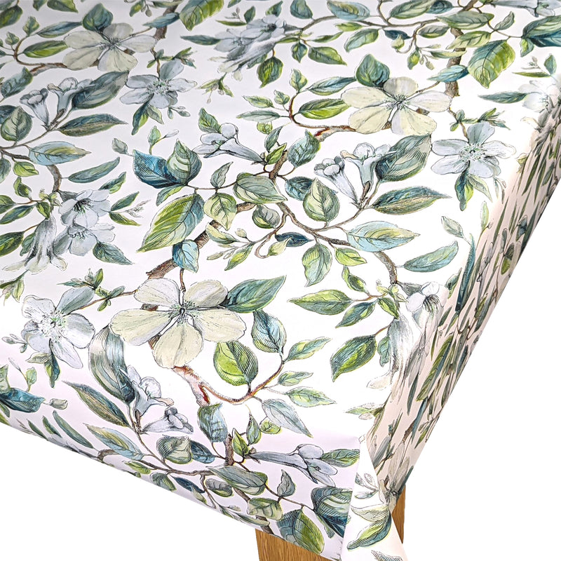 Beautiful Leaves Green and Teal Vinyl Oilcloth Tablecloth