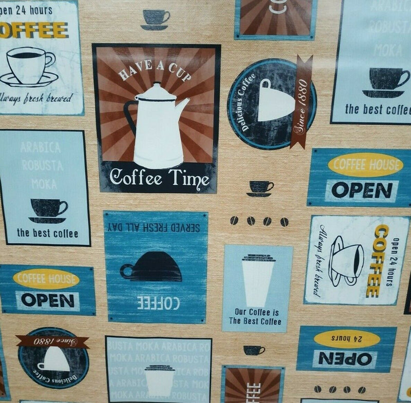 Coffee Diner Blue and Beige  PVC Vinyl Tablecloth 20 Metres x 140cm
