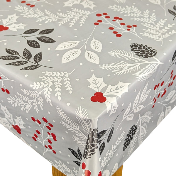 Christmas Winter Leaves Grey Vinyl Oilcloth Tablecloth