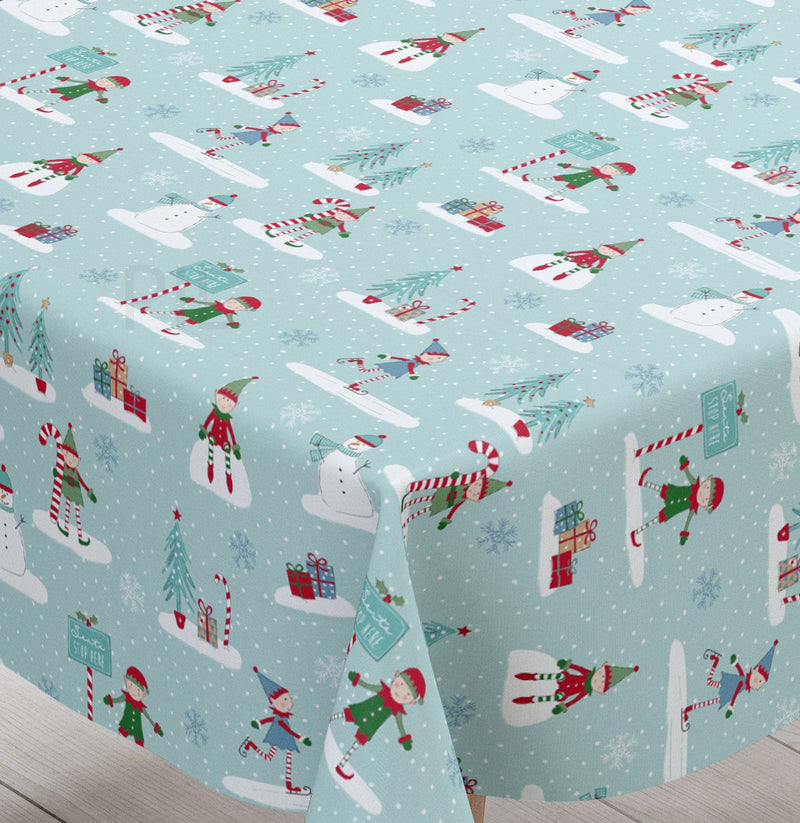 Elf on Shelf Duck Egg Blue Christmas Oilcloth Tablecloth