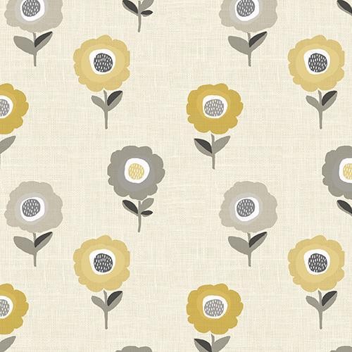 Elsa Scandi Flowers Ochre and Grey Oilcloth Tablecloth by Fryetts Fabrics