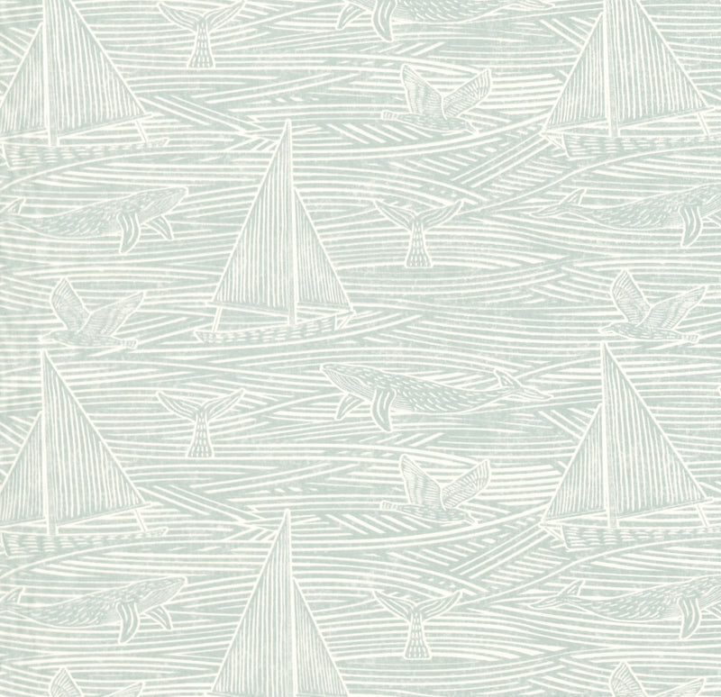 Whales and Sail Boats Duckegg Matt Oilcloth Table Cloth