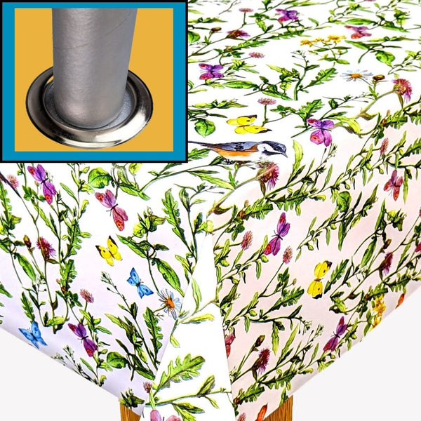Garden Tablecloth with Parasol Umbrella Hole Wipe Clean Vinyl PVC Garden Birds and Butterflies Round 138cm