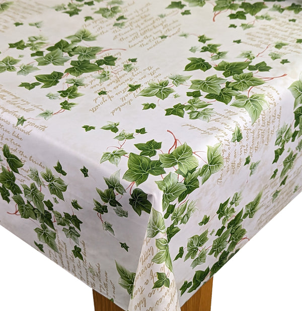 Green Ivy on White Vinyl Oilcloth Tablecloth