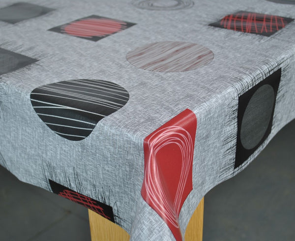 Jupiter Grey and Red PVC Vinyl Wipe Clean Tablecloth 160cm x 140cm Warehouse Clearance