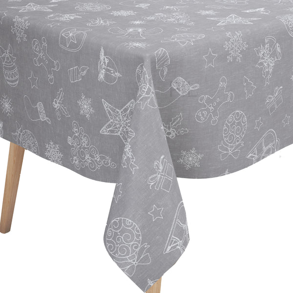 Christmas Festive Grey Linen Look Vinyl Oilcloth Tablecloth 300cm x 140cm   - Warehouse Clearance