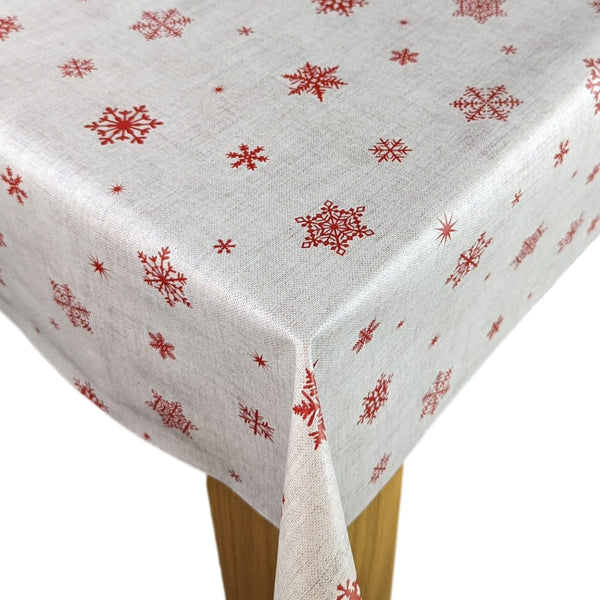 Red Snowflakes on Linen  PVC Vinyl Tablecloth 20 Metres x 140cm