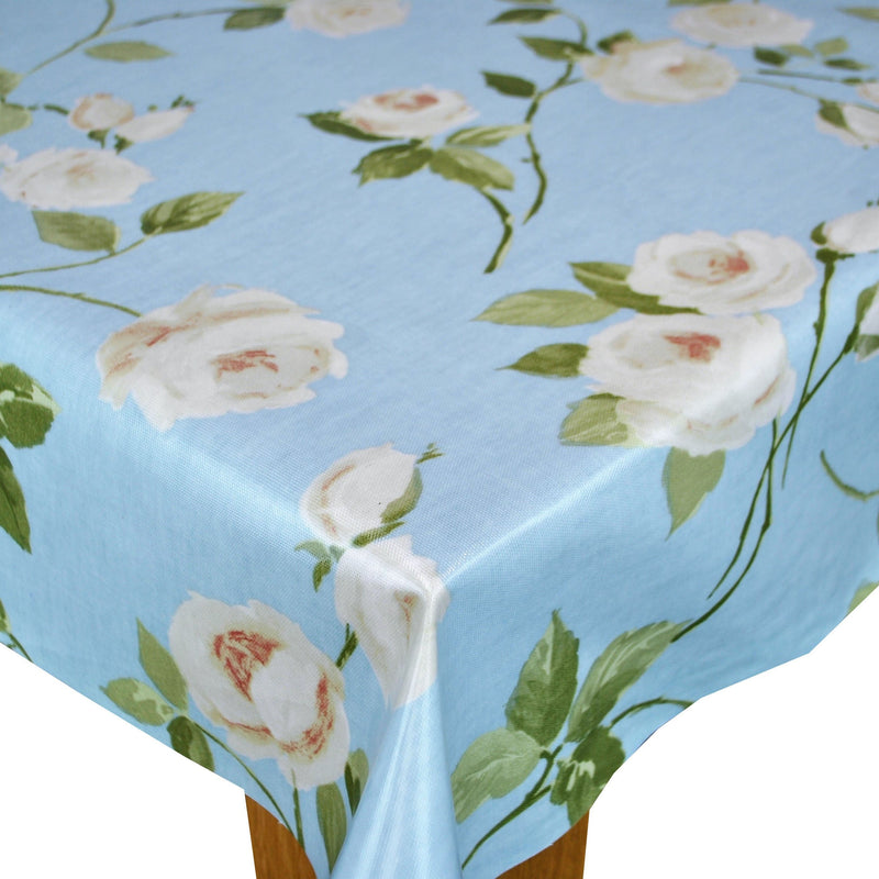 Rose Garden Powder Blue Oilcloth Tablecloth by Prestigious Textiles