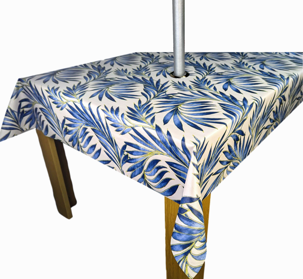 Tropical Beach Palm Leaves Blue Tex Tablecloth with Parasol Hole Wipe Clean Tablecloth Vinyl PVC Round 138cm