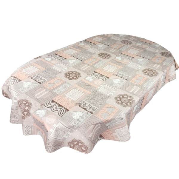 Oval Amelia Pink Grey Hearts Wipe Clean PVC Vinyl Tablecloth 300cm x 140cm