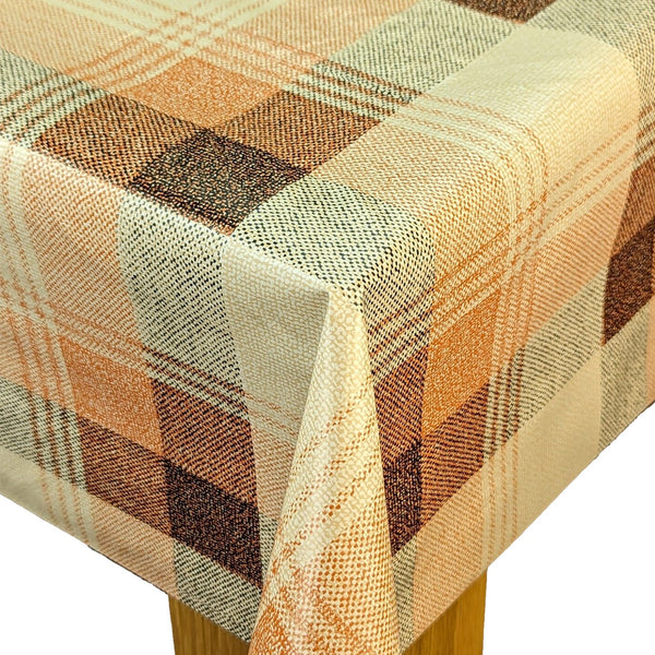 Autumn Check Orange Beige and Brown Vinyl Oilcloth Tablecloth