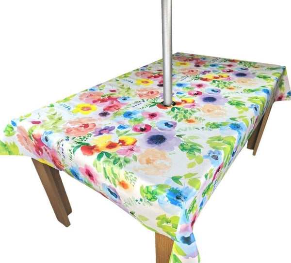 140cm x 140cm Bright Multi Floral  with PARASOL PVC Vinyl Wipe Clean Tablecloth  Warehouse Clearance
