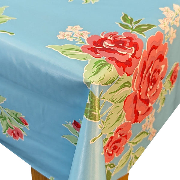 Flowers on Bright Blue PVC Vinyl Tablecloth 20 Metres