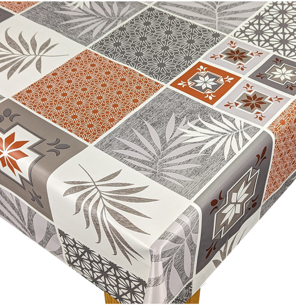 Leafy Geometric Tiles Grey Copper Vinyl Oilcloth Tablecloth