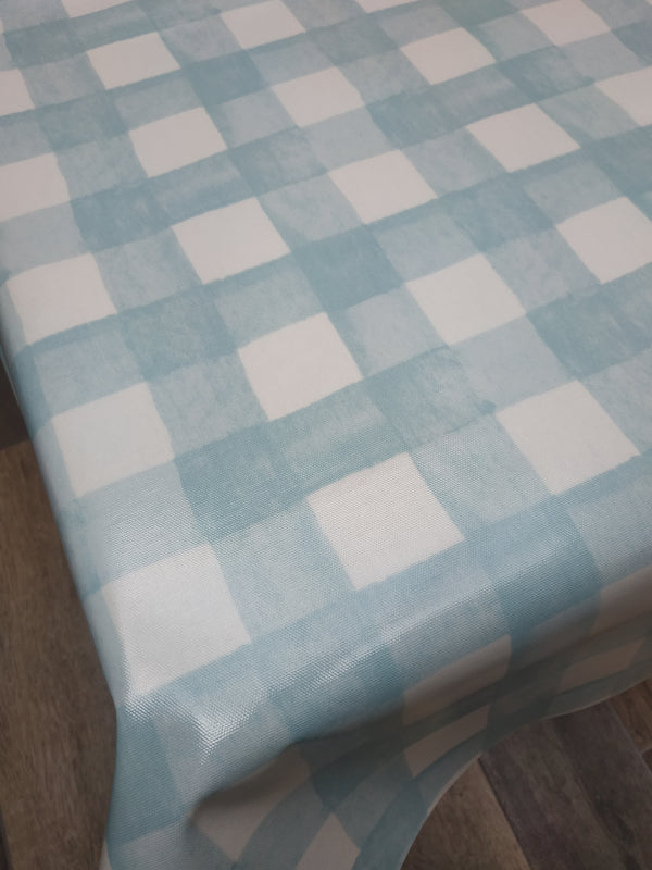 Georgie Rustic Check Duckegg Oilcloth Tablecloth 155cm x 132cm -Squares bit Wonky  Warehouse Clearance