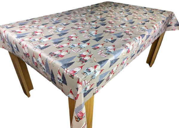 Grumpy Gnomes Taupe and Grey Vinyl Oilcloth Tablecloth 140cm x 140cm   -  Christmas Warehouse Clearance