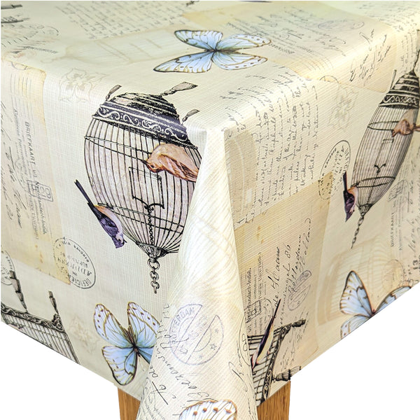 Bird Cage and Butterfly beige  PVC Vinyl Tablecloth 20 Metres x 140cm