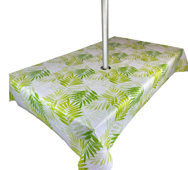 250cm x 140cm Exotic Leaves Green with PARASOL Hole PVC Vinyl Wipe Clean Tablecloth  Warehouse Clearance