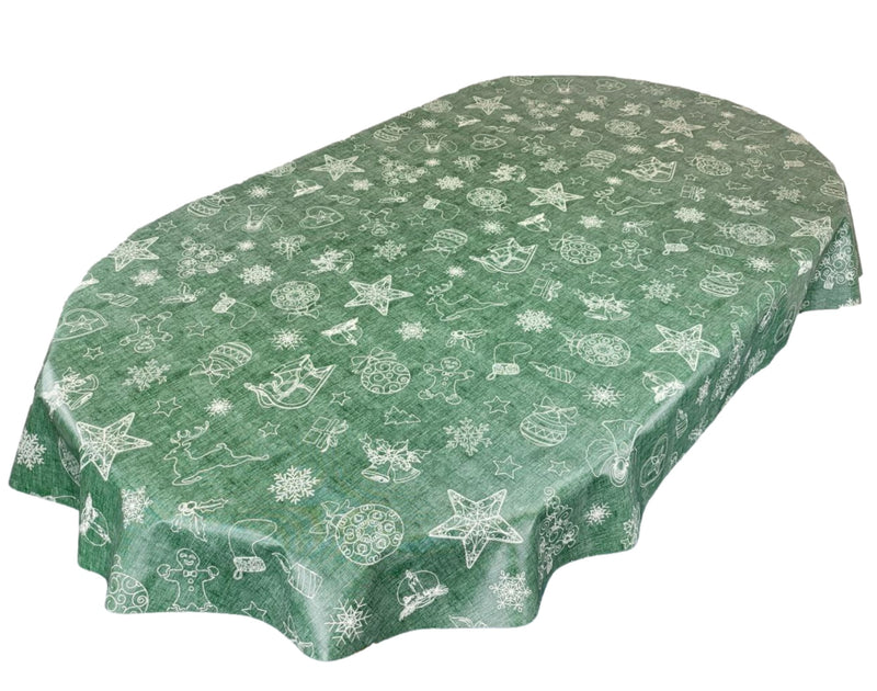 Festive Green Christmas Linen Look Vinyl Oilcloth Tablecloth