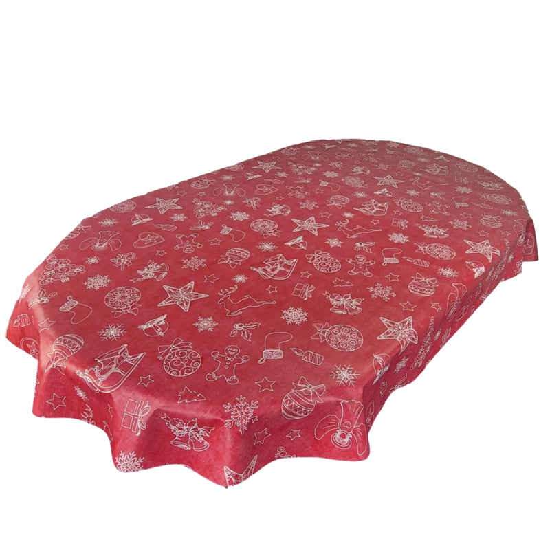Festive Red Christmas Linen Look Vinyl Oilcloth Tablecloth