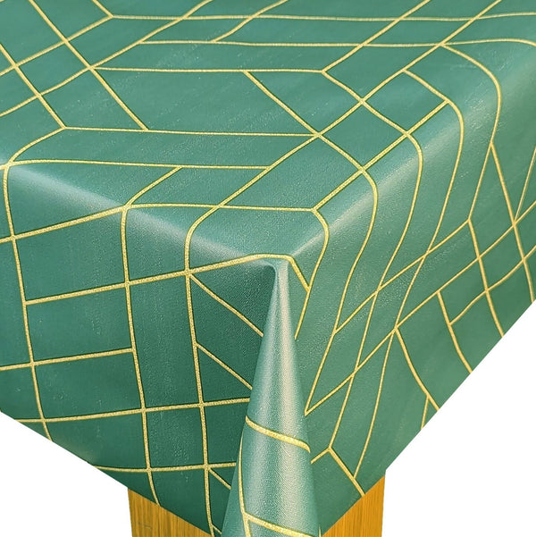 Teal with Gold Geometric Shapes Tex PVC Vinyl Oilcloth Tablecloth