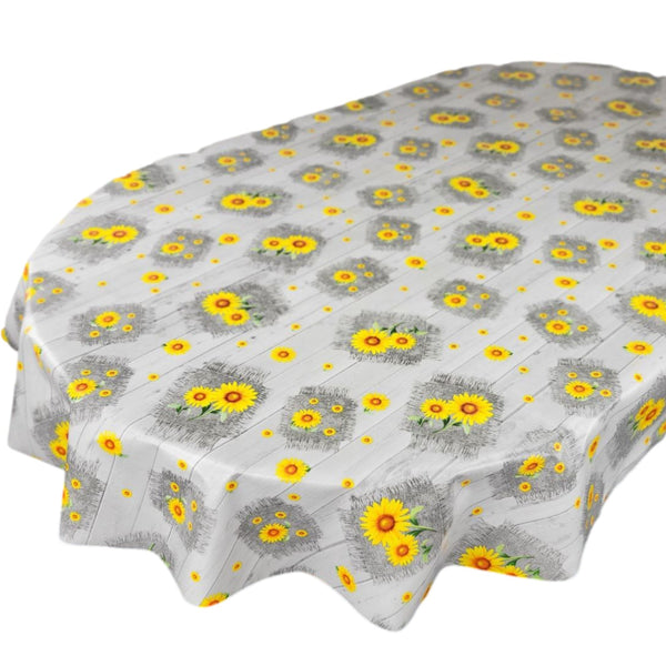 Oval Wipe Clean Tablecloth Vinyl PVC 300cm x 140cm Sunflowers on Grey Wood Effect