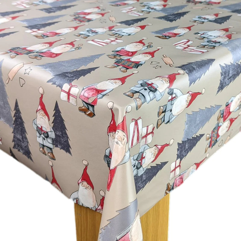 Grumpy Gnomes Taupe and Grey Vinyl Oilcloth Tablecloth 140cm x 140cm   -  Christmas Warehouse Clearance