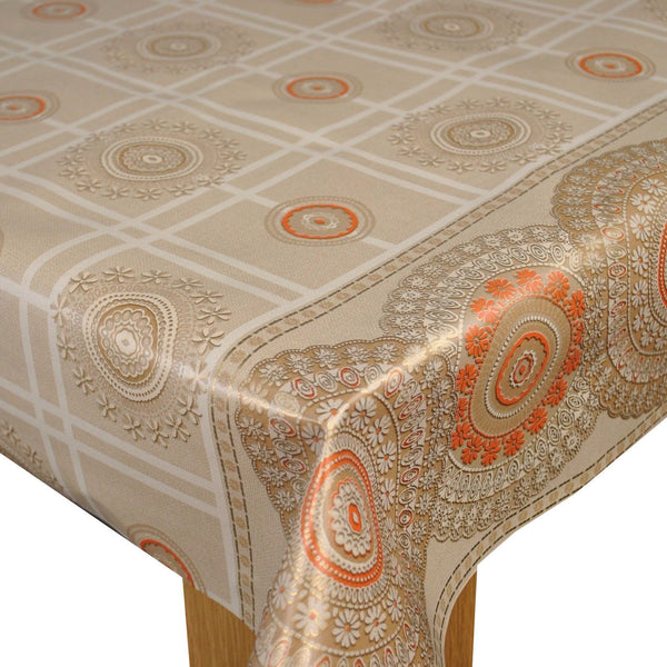 Lace Pattern Border Beige Gold Orange  PVC Vinyl Tablecloth 20 Metres