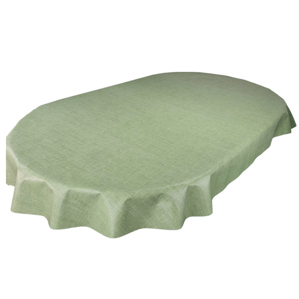 Oval Wipe Clean Tablecloth Vinyl PVC 180cm x 140cm Moss Green Linen Look