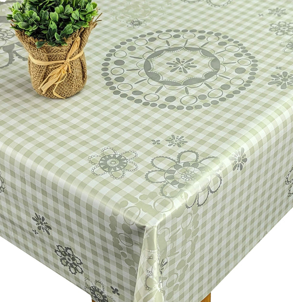 Silver Grey Flowers on Gingham Sage Green Vinyl Oilcloth Tablecloth