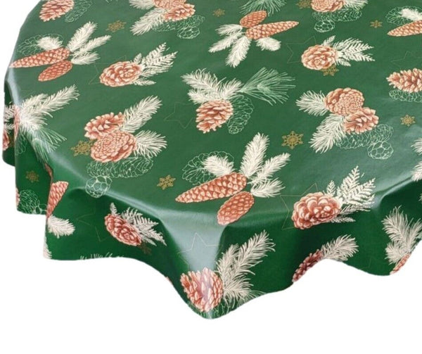 Pine Cones Green Vinyl Oilcloth Tablecloth Round 138cm   -  Christmas Warehouse Clearance