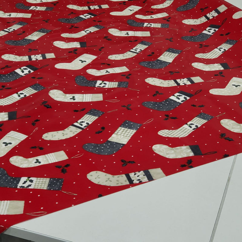 Christmas Stockings Red Grey Oilcloth Table Cloth 230cm x 132cm    - Warehouse Clearance