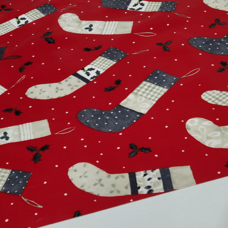 Christmas Stockings Red Grey Oilcloth Table Cloth 230cm x 132cm    - Warehouse Clearance