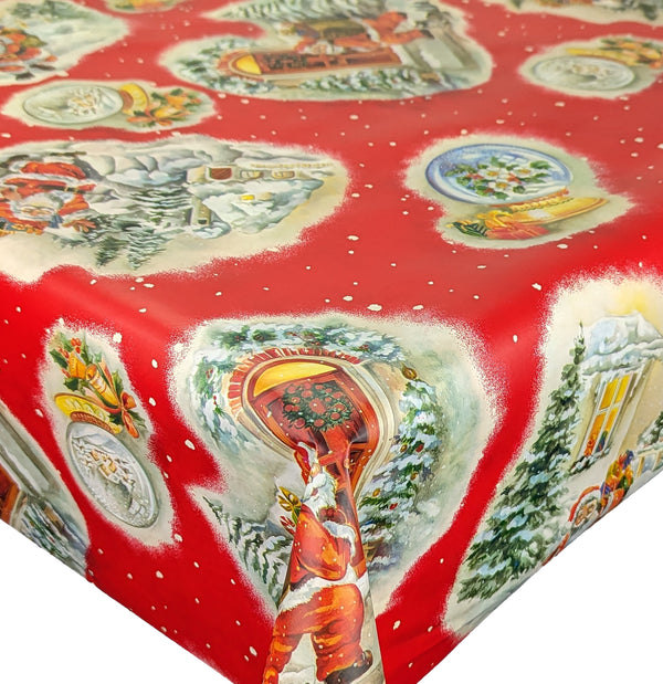 Christmas Santas Knocking RED 120cm Wide Vinyl Oilcloth Tablecloth