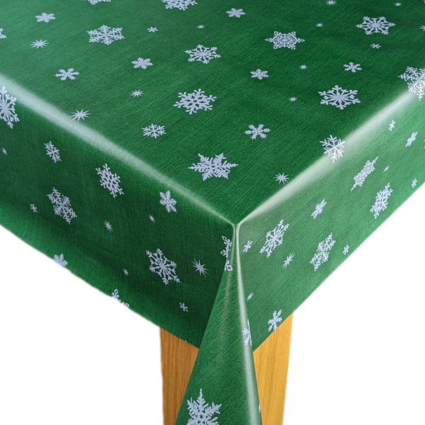 Silver Snowflakes on Green PVC Vinyl Tablecloth 20 Metres x 140cm