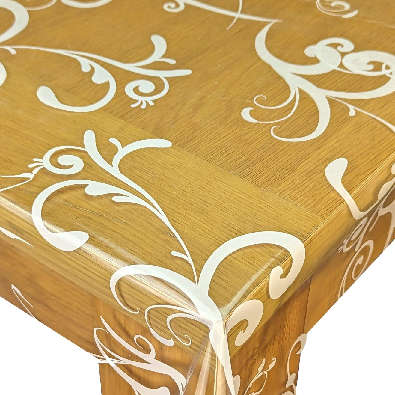 White Swirl on Crystal Clear Vinyl Oilcloth Tablecloth Cafe Latte Red