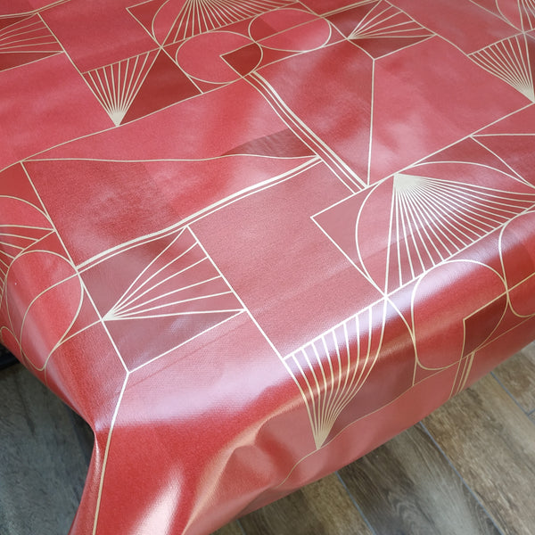 Art Nouveau Wine Red and Gold Geometric PVC Vinyl Tablecloth 20 Metres