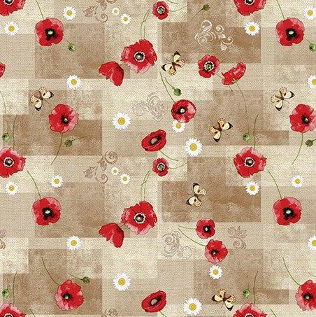 Poppies and Daisies on Beige Squares PVC Vinyl Tablecloth 140cm x  20 Metres