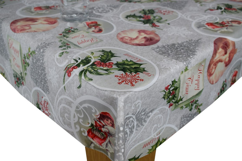 Christmas Time Grey Vinyl Oilcloth Tablecloth