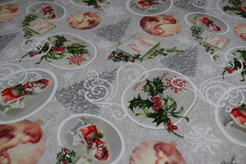Christmas Time Grey Vinyl Oilcloth Tablecloth